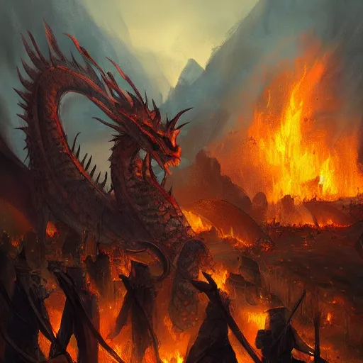 Prompt: A dragon setting a village on fire, medieval, artstation
