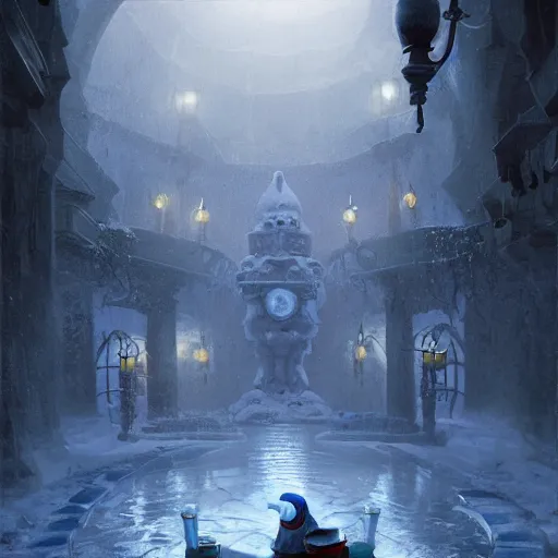 Image similar to papa smurf drinking from the fountain of knowledge in a midwinter night dream, dramatic lighting, cinematic, establishing shot, extremely high detail, photo realistic, cinematic lighting, post processed, concept art, artstation, matte painting, style by eddie mendoza, raphael lacoste, alex ross