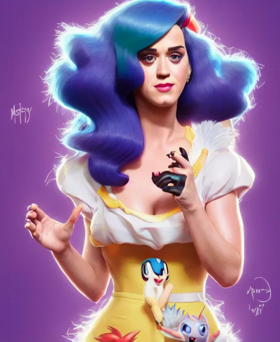 Image similar to katy perry as a character in pokemon, mottled coloring, adorable, childlike, pastoral environment, ultra realistic, concept art, art nouveau, photorealistic, octane render, 8 k, unreal engine. art by christopher marley and artgerm and greg rutkowski and alphonse mucha