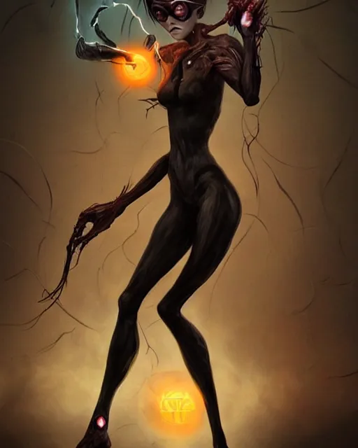 Image similar to dark full body painting of tracer from overwatch, in style of zdzisław beksinski, scary, horror, 4 k, feminine facial features, overwatch tracer character, horror, body horror, disturbing, detailed face, dressed in dark garment, black tendrils, tall, long legs,