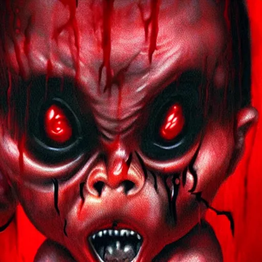 Prompt: frightening demon baby, horror, hyper realistic, red and black theme, horror