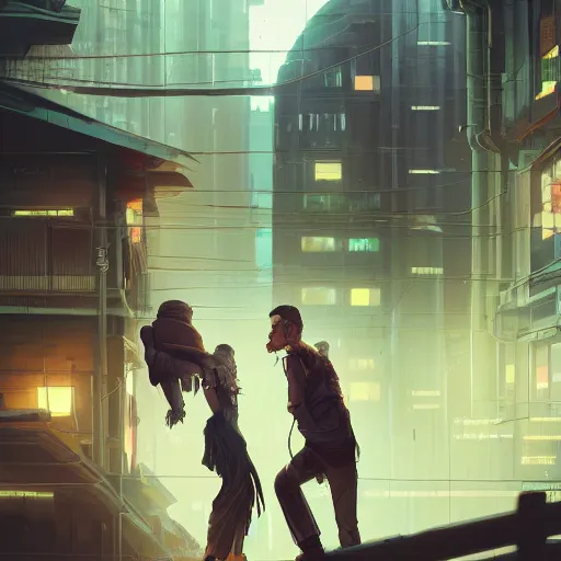 Image similar to two people arguing, detailed digital illustration by greg rutkowski, cyberpunk back alley, android netrunner