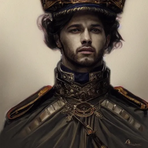 Image similar to portrait john oliveras stoic king, royalty, extravagant, full body, military uniform, fantasy, intricate, elegant, beautiful, highly detailed, charcoal, centered, dark, smokey, digital painting, artstation, concept art, art by artgerm and greg rutkowski and alphonse mucha