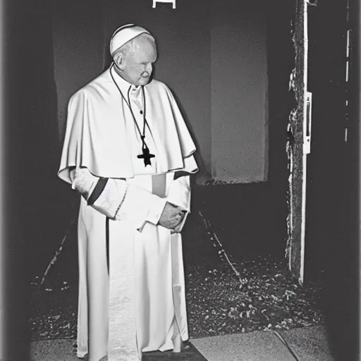 Image similar to photogrqph of john paul ii standing in the entrance to a small burning church building, at night, pitch black