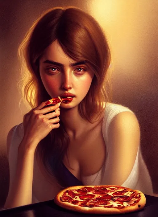 Prompt: portrait of ana de armas eating pizza, intricate, elegant, glowing lights, highly detailed, digital painting, artstation, concept art, smooth, sharp focus, illustration, art by wlop, mars ravelo and greg rutkowski