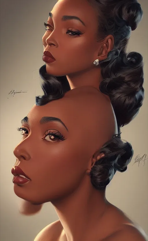 Image similar to a portrait of an attractive young Black female, clothed like a 1940s femme fatale, intricate, elegant, highly detailed, digital painting, film noir lighting, trending on artstation, concept art, smooth, sharp focus, illustration, art by artgerm and greg rutkowski and alphonse mucha