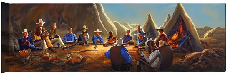 Image similar to wizards and cowboys sitting around a campfire discussing the days work, theme western sci-fi, old west oil paint on canvas