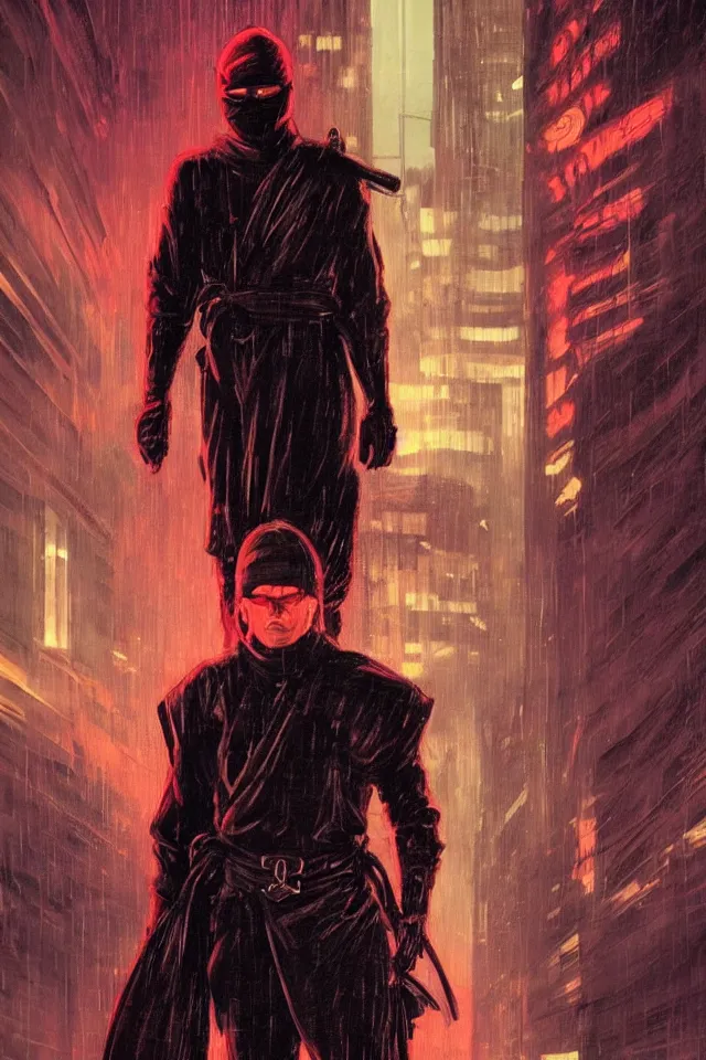 Image similar to character design, portrait, ninja, by syd mead, roger deakins, atmospheric neon rain at night, symmetry