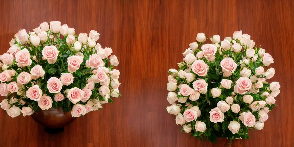 Prompt: low angle wide shot of a dozen roses placed in a single decorative vase which is centered on a wood grain table located within a luxurious dining room