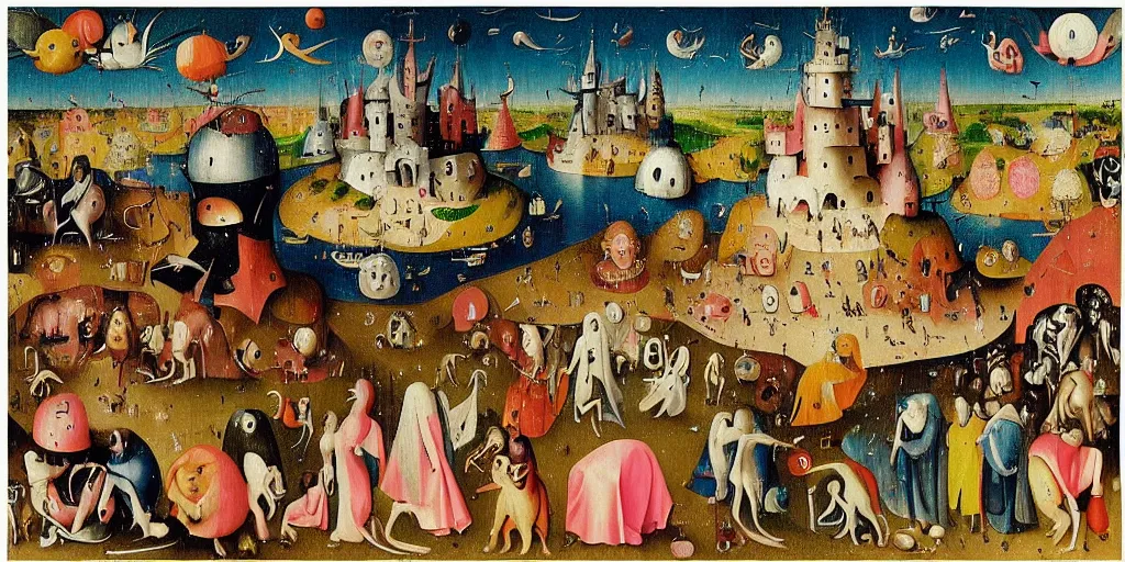 Image similar to “colorful depiction of modern life by hieronymus bosch and lisa frank”