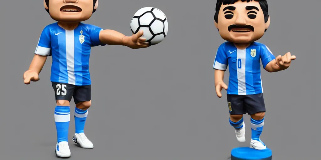 Image similar to funko of maradona with big head, argentina t - shirt, smile, no beard, stand with a ball under his left foot, max resolution, high contrast, cinematic, light cinematic, volumetric, realistic, cinematic lighting, octane render, hyper realistic