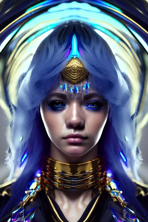 Image similar to hyperdetailed portrait of one stunningly beautiful european girl androgynous guard made of iridescent metals, shiny blue gems, in the cybercity inspired by ross tran and wlop and masamune shirow and kuvshinov, concept art, intricate, photorealistic, octane render, rtx, hdr, unreal engine, dnd digital art by artgerm