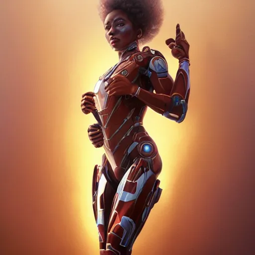 Image similar to highly detailed an african american woman in with the ironman suit from the future gta v, stephen bliss, unreal engine, fantasy art by greg rutkowski, loish, rhads, ferdinand knab, makoto shinkai and lois van baarle, ilya kuvshinov, rossdraws, tom bagshaw, global illumination, radiant light, detailed and intricate environment