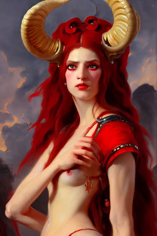 Image similar to painted close - up portrait of a attractive red - skinned intimidating demon girl with ram horns! oil painting, wearing a noblewoman's outfit, fantasy art by john singer sargent and gaston bussiere, and james jean and tyler edlin, demon noble character design, hd