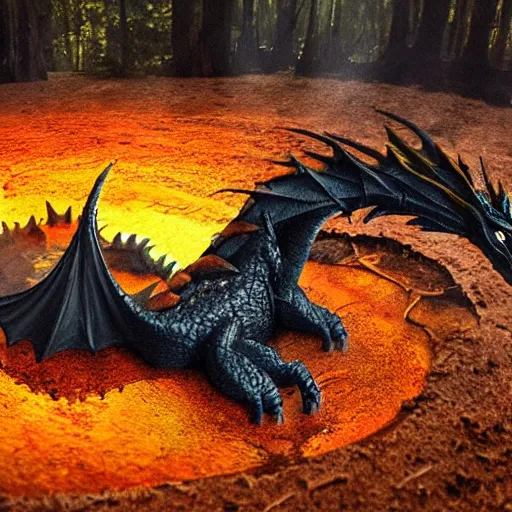 Prompt: a dragon emerging from a pool of oil, photograph taken in a dark forest