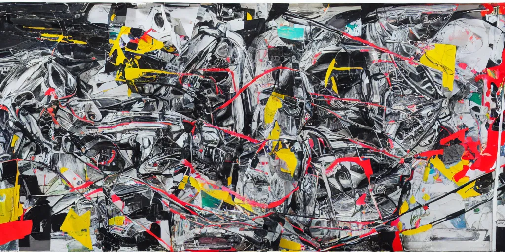 Prompt: car crash test, big chain, gangsters, thick lines with paint, collage paper and tape, acrylic on canvas, expressionism movement, breathtaking detailed, by blake neubert