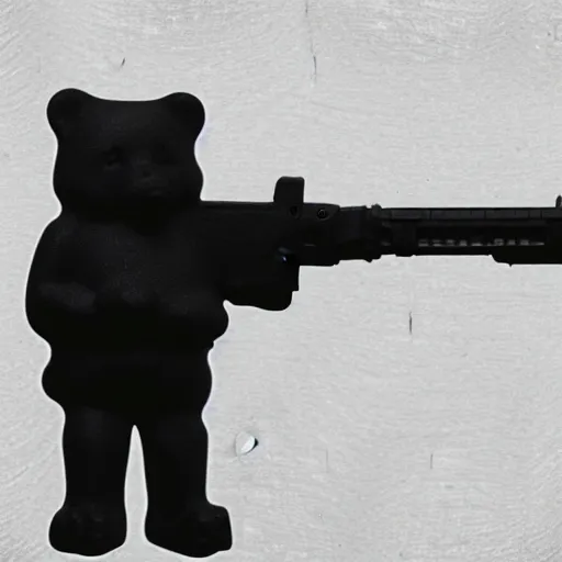 Prompt: gummy bear holding a machine gun