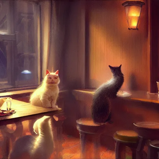 Image similar to a cat in a pub with beer, painting by craig mullins, octane rendering, soft morning lighting, wide angle lens, in the style of hayao miyazaki, trending on artstation,