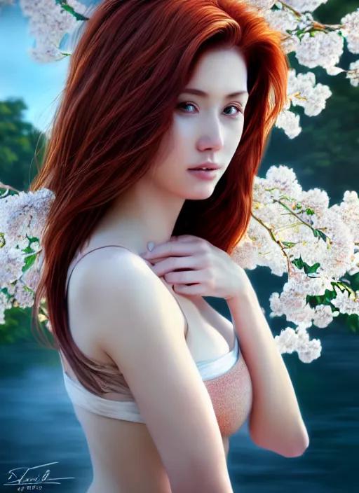 Image similar to photo of a gorgeous female with auburn hair in the style of stefan kostic, realistic, half body shot, sharp focus, 8 k high definition, insanely detailed, intricate, elegant, art by stanley lau and artgerm, extreme blur cherry blossoms background