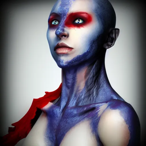 Prompt: Dark elf with red eyes and blue skin