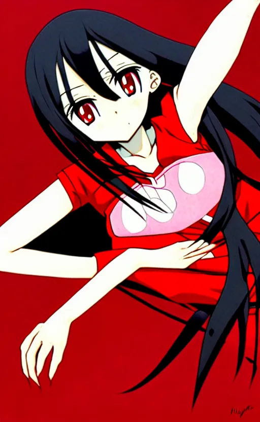 Prompt: anime girl with a detailed face and black hair in a red outfit under an empty space, full body, trending, illustration, by hiroyuki imaishi