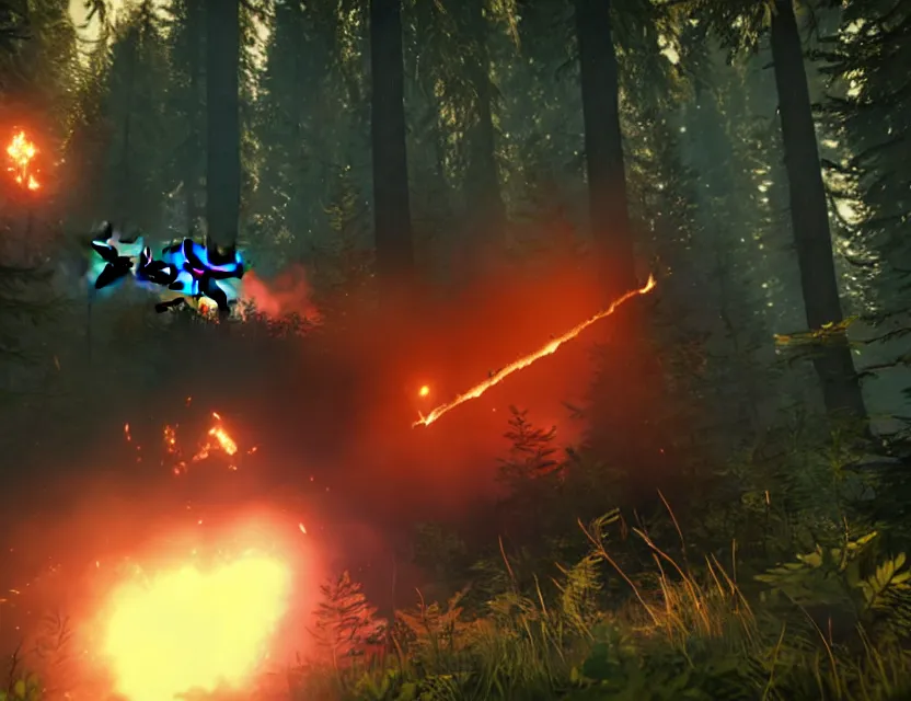 Prompt: a the forest game screenshot with a crashed plane, player is holding a lighter. ultra realistic