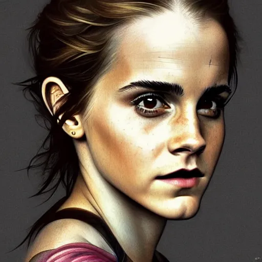 Image similar to Very funny Emma Watson looking like an old monkey, colorful painting on grey scale face, powerful , magic, thunders, dramatic lighting, intricate, wild, highly detailed, digital painting, artstation, concept art, smooth, sharp focus, illustration, art by artgerm and greg rutkowski and alphonse mucha, footage