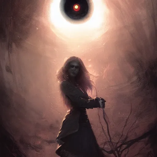 Image similar to beautiful young witch, glowing eyes, magic, high detail, dramatic light, digital art, dark, painted by seb mckinnon and greg rutkowski, trending on artstation