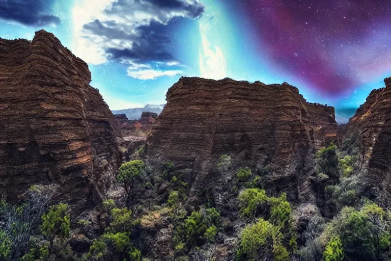 Image similar to photo from the edge of a huge canyon on an alien world, bizarre and beautiful geographical features, stunning iridescent clouds, ferrofluid oceans, professional nature photography