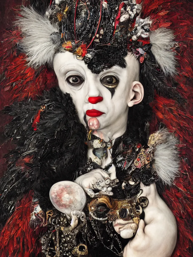 Image similar to Detailed maximalist portrait of a clown with cracked porcelain skin, dark doe eyes, a mouth like PJ Harvey, surrounded by black feathers and milk droplets, HD mixed media, 3D collage, highly detailed and intricate, surreal illustration in the style of Caravaggio, dark art, baroque