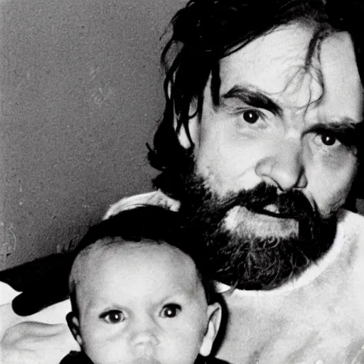 Image similar to charles manson with a baby body riding a flying fish