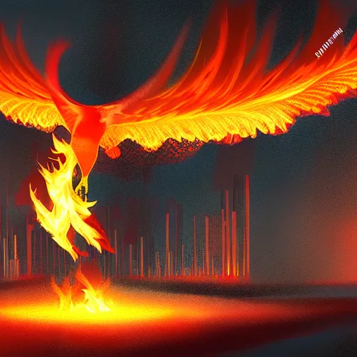 Image similar to in the lower part of the picture is the harp burning in the fire, above are cranes flying in flames, digital painting, concept art