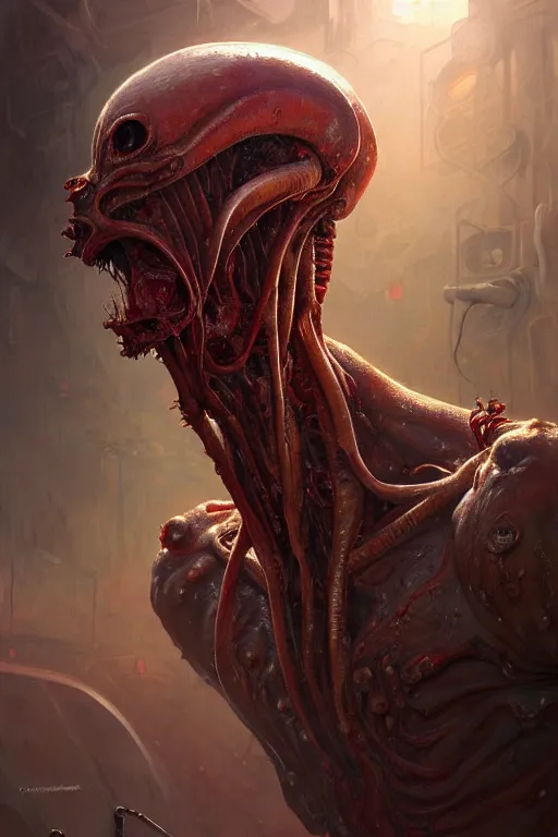 Prompt: clear portrait of a disgusting alien, cottagecore!!, butchershop background hyper detailed, filth, dumpster, blood, character concept, full body, dynamic pose, intricate, elegant, highly detailed, digital painting, artstation, concept art, smooth, sharp focus, illustration, art by artgerm and greg rutkowski and alphonse mucha