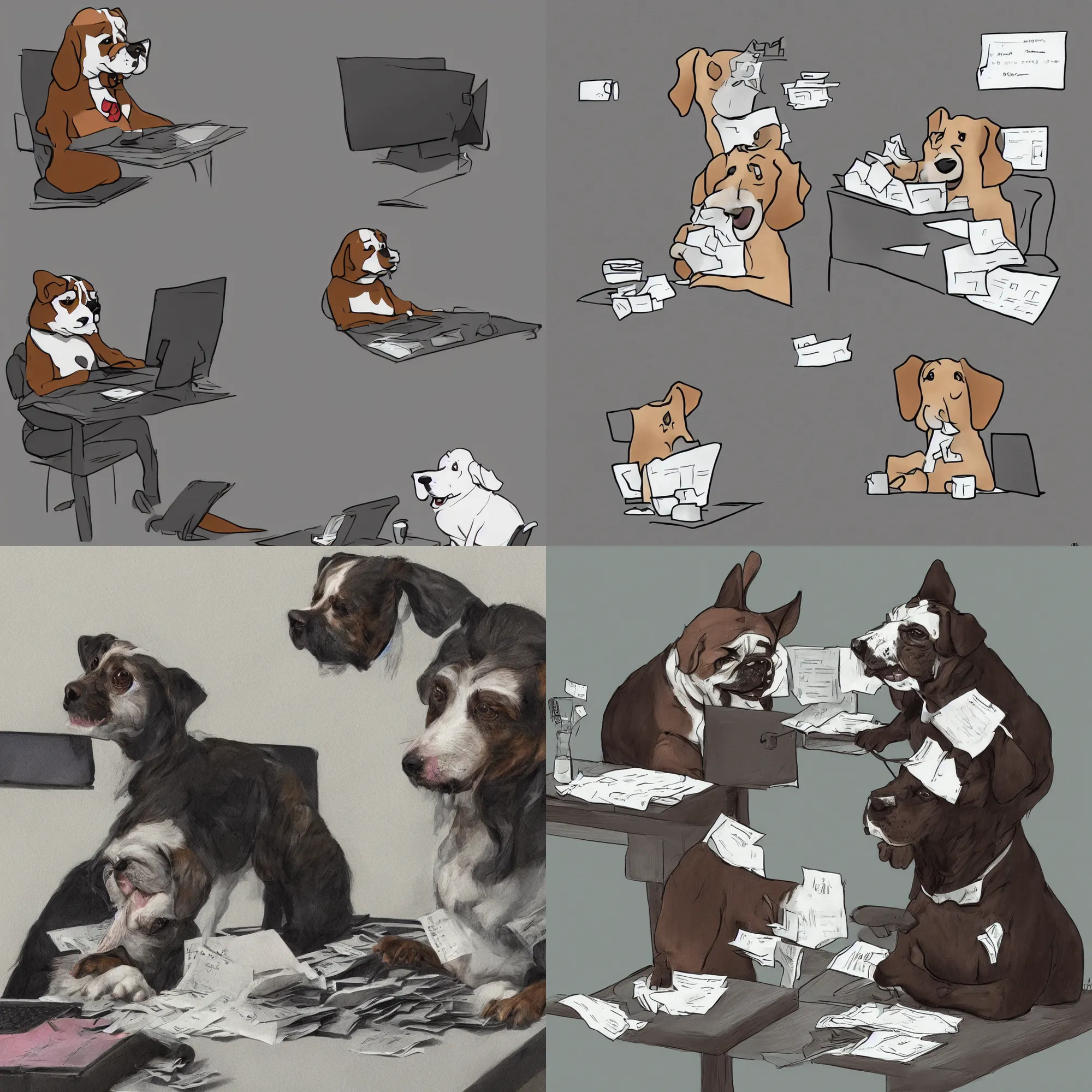 Prompt: a dog paying his taxes with a very frustrated face, sitting on a computer, digital art, trending on artstation