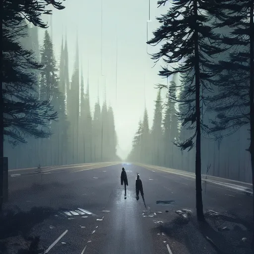 Image similar to Beautiful cinematic scene of a robot walking alongside an empty road surrounded by trees, evening, peaceful, science fiction, award-winning, cinematic lighting, insanely detailed, very realistic, Artstation, Cgsociety, by Simon Stalenhag