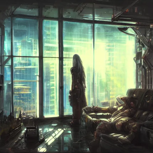 Image similar to cyberpunk living room interior, windows, light rays, buildings, dystoptian, gorgeous view, depth, painted by Seb McKinnon, clouds, tending on artstation