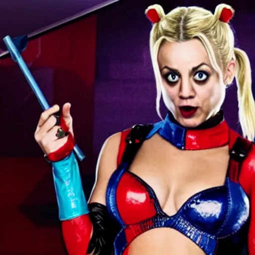 Image similar to A still of Kaley Cuoco as Harley Quinn, full-figure