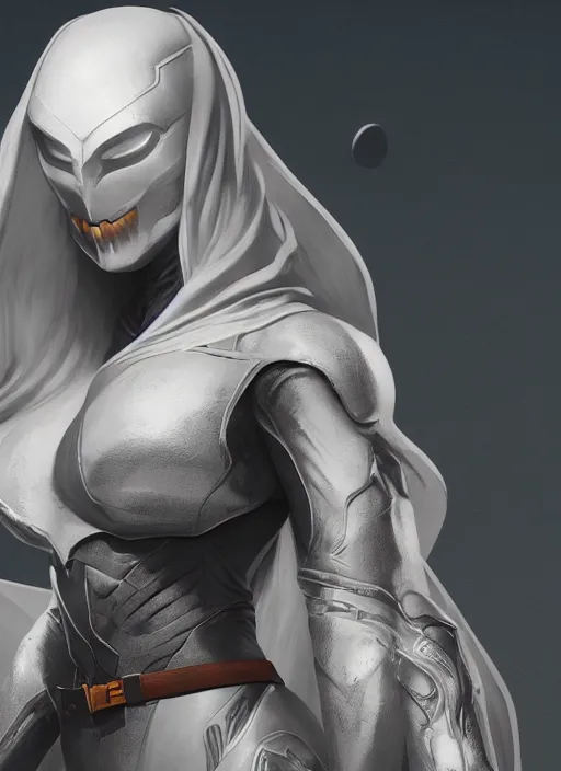 Image similar to female moon knight, hyper detailed, digital art, trending in artstation, cinematic lighting, studio quality, smooth render, unreal engine 5 rendered, octane rendered, pixar