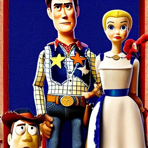 Image similar to american gothic in the style of toy story