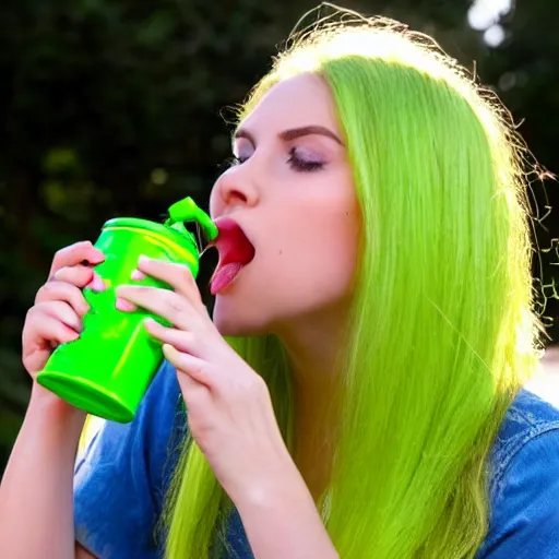 Prompt: A cute, lime green transparent slimegirl drinking from a can of lemon lime soda