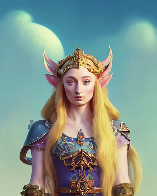 Image similar to highly detailed surreal vfx portrait of sophie turner as princess zelda, stephen bliss, unreal engine, greg rutkowski, loish, rhads, beeple, makoto shinkai and lois van baarle, ilya kuvshinov, rossdraws, tom bagshaw, alphonse mucha, global illumination, detailed and intricate environment