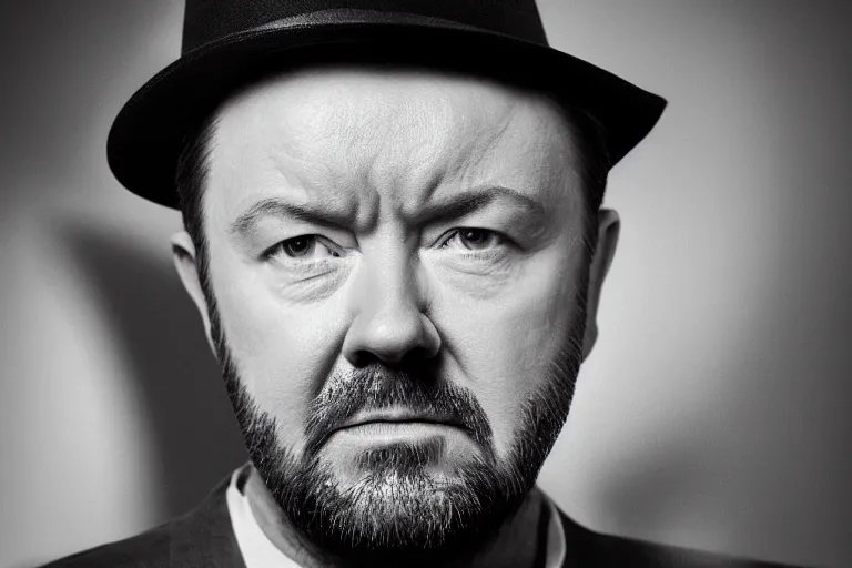 Image similar to an 8 5 mm portrait of ricky gervais as a 1 7 0 0's gangster by gustave baumann, lomography lady grey, ultra realistic, beautiful lighting, dramatic