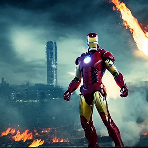 Prompt: < photo hd stunning gritty reimagined gaze = camera > iron man with a flamethrower, burning city in the background < / photo >