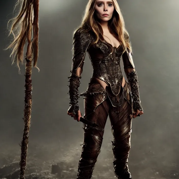 Image similar to full body photograph of elizabeth olsen as a stempunk warrior, Extremely detailed. 8k