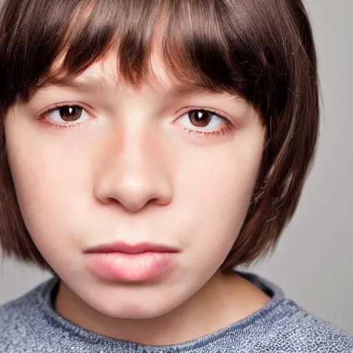 Image similar to closeup portrait of 9 year old boy, thick lips, pink face, thin eyebrows, short light brown hair