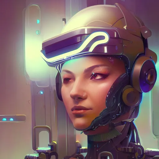 Image similar to a portrait of a beautiful cybernetic girl wearing occulus rift headset, cyberpunk concept art by pete mohrbacher and wlop and josan gonzalez and syd mead, digital art, highly detailed, intricate, sci-fi, sharp focus, Trending on Artstation HQ, deviantart, unreal engine 5, 4K UHD image