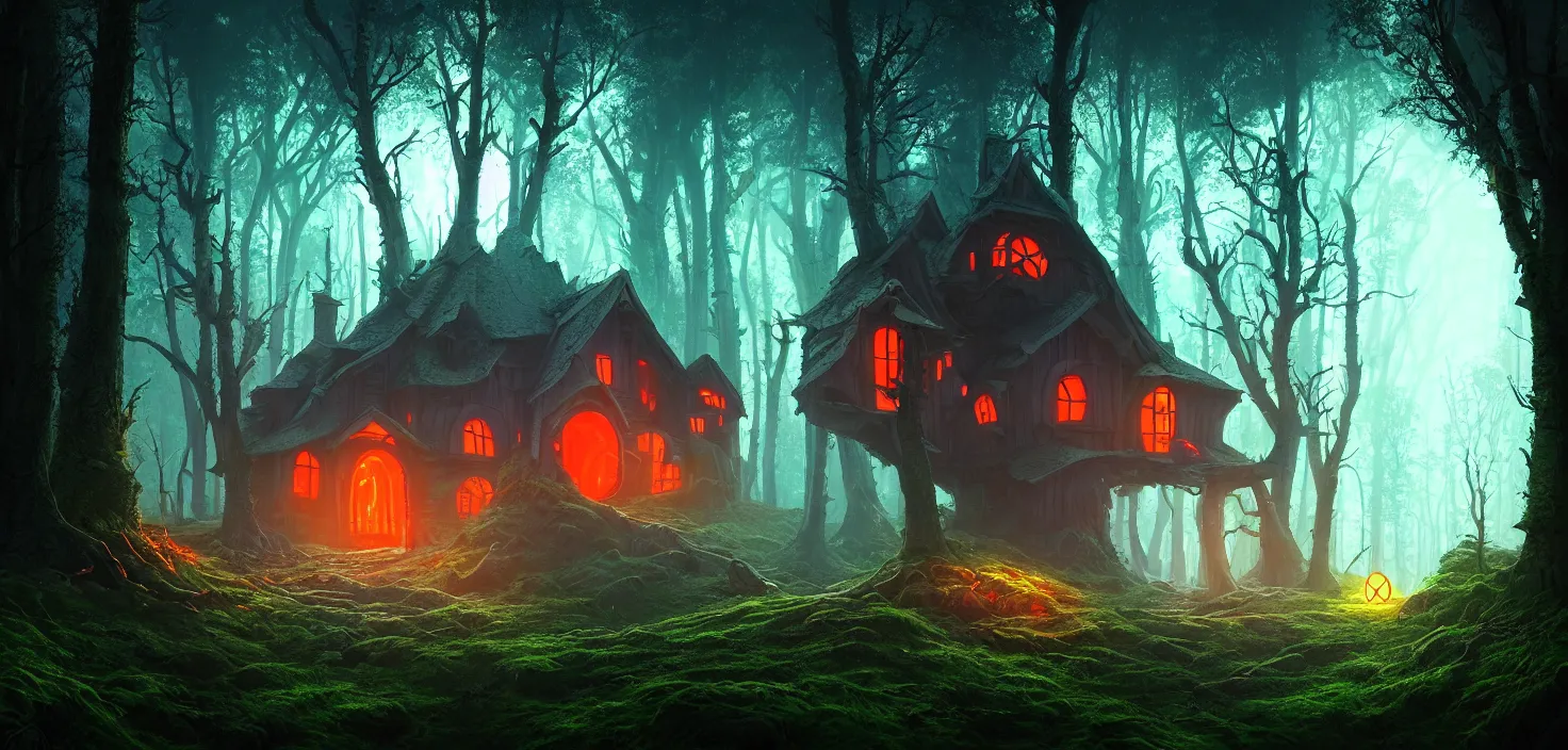 Image similar to random scary forest house landscape, round glowing vivid colour neon portal, incredible, vector art, octane render, fabulous, hyper detailed, random cinematic view, no noise, global illumination, warm lighting, volumetric, godrays, vivid, beautiful, by jordan grimmer