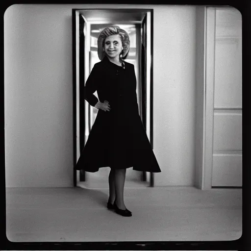 Prompt: photo of Hilary Clinton by Diane Arbus, black and white, high contrast, Rolleiflex, 55mm f/4 lens