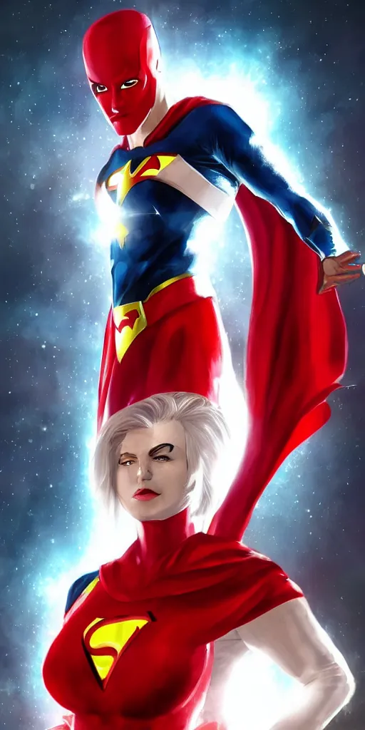Image similar to a beautiful superhero with short white hair and a bright red mask in the style of dc comics