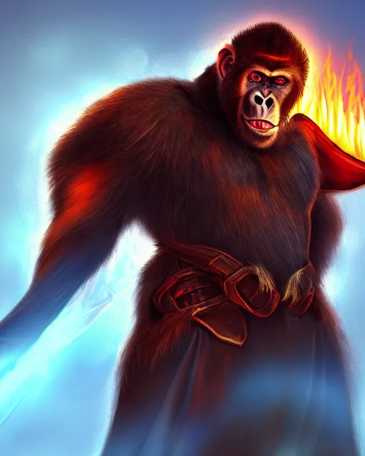 Image similar to fury art, an anthro ape wearing a large cape and a fantasy armor, fire, ice, fiery background, 3 d, 8 k, extremely detailed, trending on furaffinity, trending on artstation, award winning, sharp focus, illustration